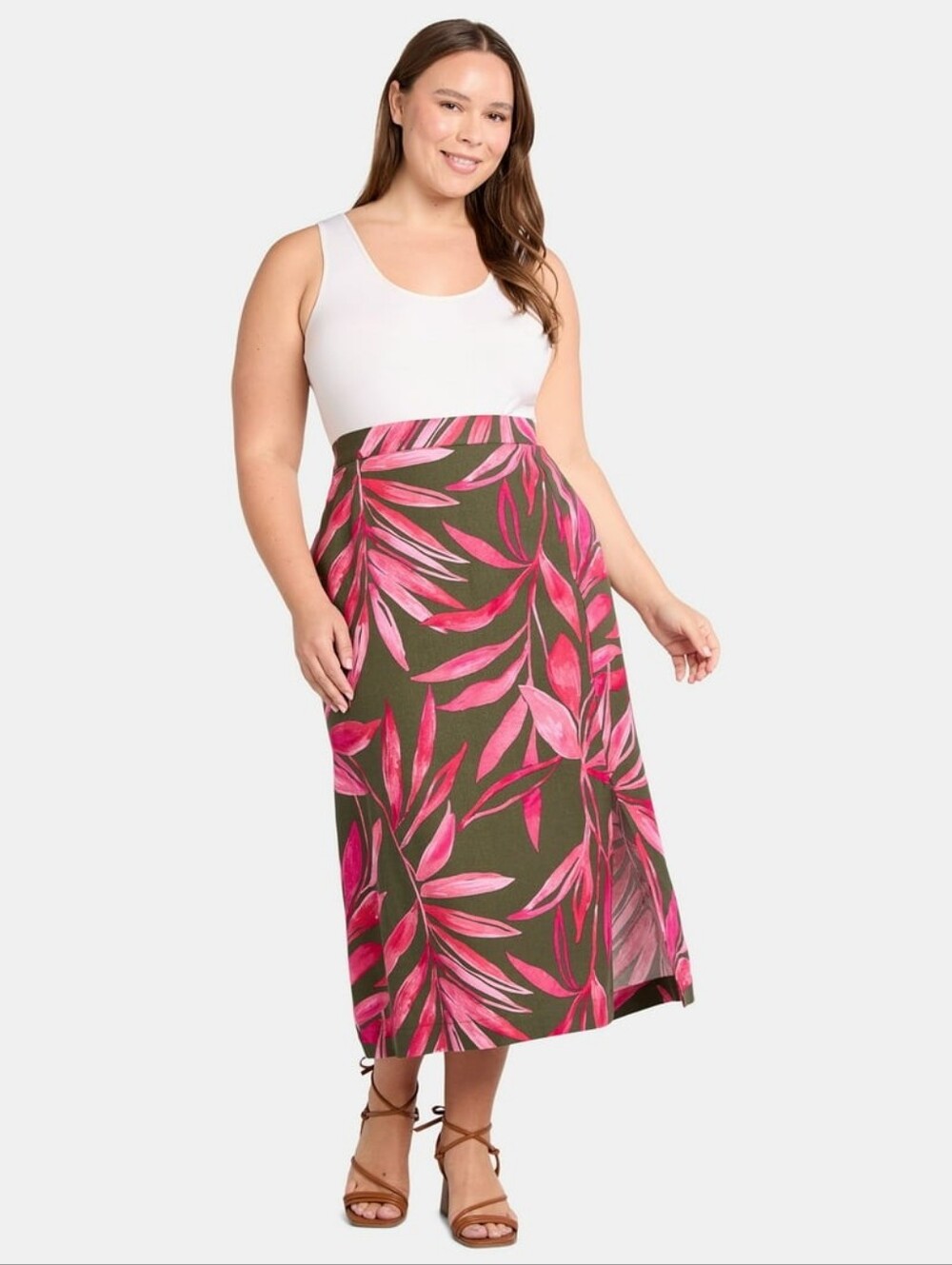 NWT Linen Blend Leaf Print Midi Skirt with Side Slit Plus XXL 20 Time & Tru